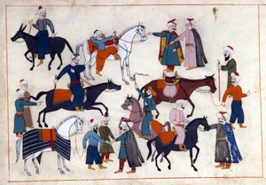 Ein Pferdemarkt in der Türkei unter dem Osmanischen Reich. Miniatur aus „Türkische Denkmäler“ (Codex Cicogna 1971 „Memorie Turchesche“)