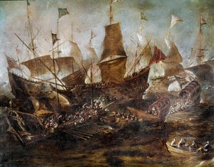 Schlacht zwischen venezianischen und türkischen Flotten von Venetian School