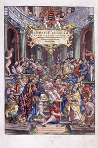 Flämischer Anatom und Arzt Andreas Vesalius gibt eine Lektion an der medizinischen Fakultät in Brüssel, 1543