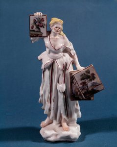 Porzellanfigur, die eine junge Frau darstellt, die Drucke verkauft oder zeigt. Venezianische Schule des 18. Jahrhunderts. Paris, Kunstgewerbemuseum von Venetian School