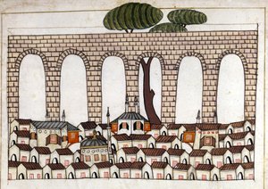 Ansicht von Konstantinopel und seinem Aquädukt. Miniatur aus „Türkische Denkmäler“ (Codex Cicogna 1971 „Memorie Turchesche“) Aquarell aus der venezianischen Schule des 17. Jahrhunderts.