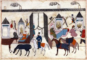 Ansicht des Inneren einer Karawane in der Türkei unter dem Osmanischen Reich. Miniatur aus „Türkische Denkmäler“ (Codex Cicogna 1971 „Memorie Turchesche“) Aquarell aus der venezianischen Schule des 17. Jahrhunderts