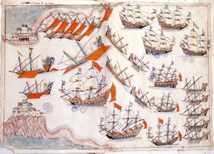Krieg zwischen Venedig und dem Osmanischen Reich: Schlacht der Dardanellen, die den Sieg des venezianischen Kapitäns Lorenzo Marcello im Jahr 1655 sah (Aquarell)