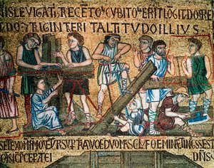 Byzantinische Architektur: „Der Bau des Turms von Babel“ Auf der Baustelle sägen Arbeiter und Zimmerleute Bretter. Mosaik von venezianischen Künstlern, 13. Jahrhundert, Basilika San Marco von Veneto Byzantine School