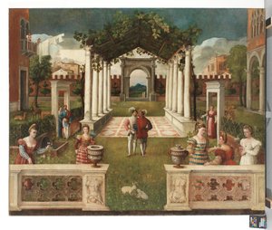 Klassischer architektonischer Garten mit eleganten Figuren, eine bergige Landschaft im Hintergrund, ca. 1530 von Veronese School