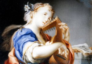 Eine Dame in einem blauen, mit Weiß gefütterten Gewand, die Laute spielt