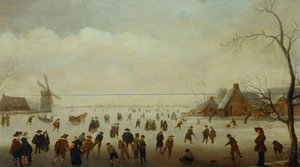 Winterlandschaft mit zahlreichen Schlittschuhläufern, Golfspielern und Bauern auf gefrorenen Wasserwegen von Verstralen