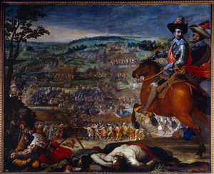 Dreißigjähriger Krieg: Die Schlacht von Fleurus 1622. Sie stellt die protestantischen Truppen von Christian von Braunschweig und Ernst von Mansfeld gegen die spanische Armee unter Gonzalo Fernández de Córdoba dar. Gemälde von Vicente Carducho