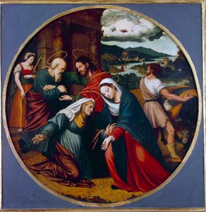 Heimsuchung. Begegnung zwischen der Jungfrau Maria und der Heiligen Elisabeth. Im Hintergrund, St. Joseph und Zacharias von Vicente Juan (c.1510 79) Macip