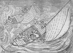 Segelrennen: zwei Regatten, die Goëland und der Monitor kenterten - Auszug aus dem Leuchtturm von Kerkamadec - Zeichnung von Crafty - in „Le Centaure“