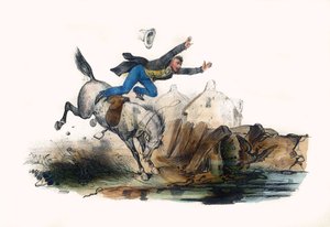 Ein Reiter stürzt nach dem Ansturm seines Pferdes. In „Album Grotesque, Auswahl bemerkenswerter Typen“, Illustrationen von Victor Adam, Paris, um 1850.