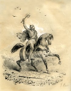Karl Martell (688-741) besiegte die arabischen Truppen in Poitiers im Jahr 732. Gravur von Victor Adam (1801-1866) im Buch „Frankreich im Mittelalter“ veröffentlicht von den Ardant-Brüdern Mitte des 19. Jahrhunderts. von Victor Adam