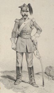 Stehender Soldat mit der Hand am Helm seines Schwertes, Mitte des 19. Jahrhunderts von Victor Adam