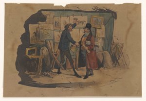 Straßenverkäufer mit einem Stand voller Kunst hält einen Mann an von Victor Adam