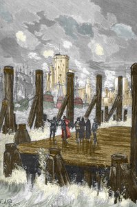 Belagerung von La Rochelle (1627-1628): „Der Kardinal von Richelieu (1585-1642) auf dem Damm von La Rochelle während der Belagerung der Stadt, Waffenplatz der Protestanten im Oktober 1628“