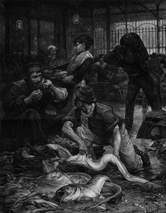 Eine Ecke der Fischhalle am Morgen (1880). Gravur nach dem Gemälde von Victor Gabriel Gilbert (1847-1933). In „Die illustrierte Welt“ Nr. 1244 vom 29. Januar