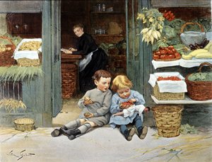 Zwei Kinder essen einen Apfel und Erdbeeren. Illustration von Victor Gabriel Gilbert