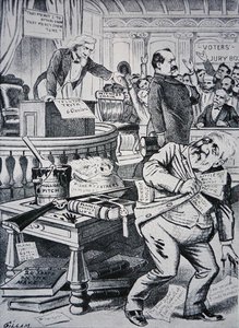 Grover Cleveland (1837-1908) erzählt die Wahrheit über sein Privatleben, während sein Gegner James Blaine (1830-93) als korrupt dargestellt wird