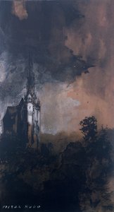 Das Schloss im Mondlicht (Feder und Indien-Tinte, Sepia und Gouache auf Papier)