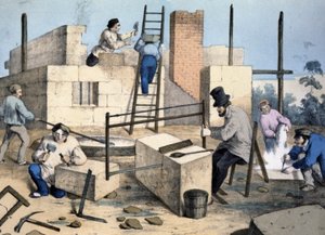 Hausbau, ca. 1860 (Lithographie)