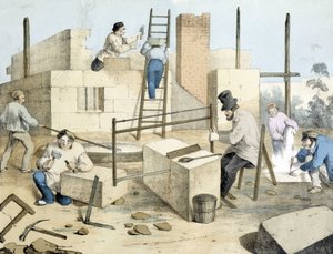 Der Maurer, der Schneider und der Steinsäger, Lithographie von Janson, 19. Jahrhundert von Victor Janson