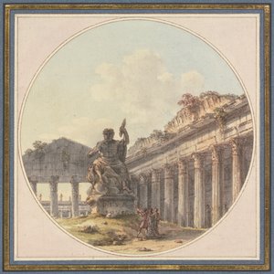 Architektonisches Capriccio: Inneres einer Tempelruine mit einer Statue des Jupiter tonans und Figurenstaffage von Victor Jean Nicolle