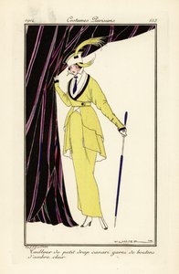 Frau in kanariengelbem Kleid mit Bernsteinknöpfen von Victor Lhuer