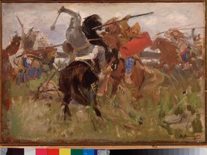 Schlacht zwischen den Skythen und den Slawen, Zusammenstoß von Reitern in Rüstung