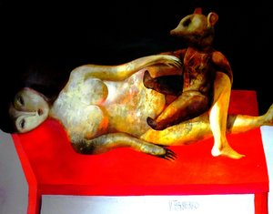 Surreale Frau und Bär
