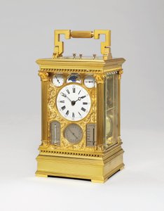Französische große Sonnerie-Acht-Tage-Kutschenuhr mit Vollkalender, Mondphase, Barometer & Thermometer, ca. 1880 von Victorien Boseet