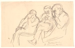 Figurenskizze. Drei sitzende Männer: Fr. Henningsen, Aarsleff und P. Johansen