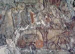Detail eines Tieres, das einen Wagen zieht, aus einem Wandteppich, der mit dem Oseberg-Schiff gefunden wurde