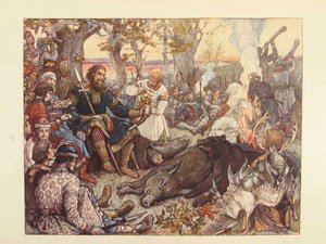 Ruhe des Großfürsten Wladimir II. Monomach auf der Jagd. Die kaiserliche Jagd in Russland von N. Kutepov von Viktor Mikhaylovich Vasnetsov