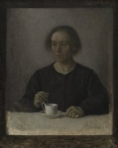 Ida Hammershøi, die Frau des Künstlers, mit einer Teetasse von Vilhelm Hammershøi