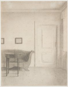 Innenraum mit Sofa und kleinem Tisch, rechts eine Tür von Vilhelm Hammershøi