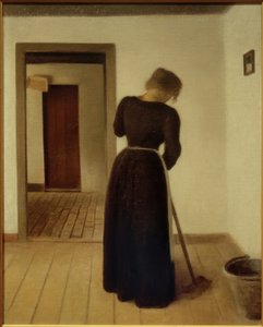 Interieur mit einer jungen Frau beim Fegen von Vilhelm Hammershoi