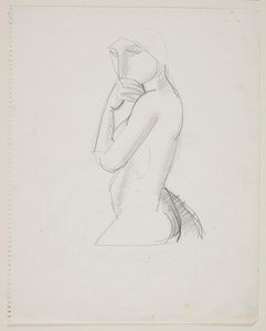 Weibliches Modell, 3/4 Figur, mit der Hand vor dem Mund