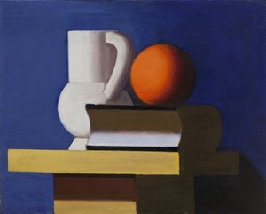 Stillleben mit weißem Krug, Orange und Buch von Vilhelm Lundstrøm