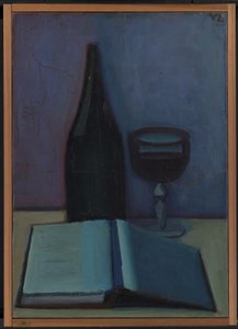 Stillleben mit einem Buch, einem Glas und einer Flasche von Vilhelm Lundstrøm