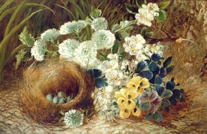 Ein Stillleben mit Blumen und einem Vogelnest auf einem moosigen Ufer