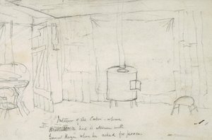 Innenraum der Kabine, in der Black Kettle sein Treffen mit General Hazen hatte, als er um Frieden bat, 1869-71