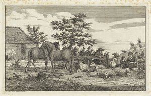 Hirte bei sitzender Frau und Kindern bei Schafen und zwei Pferden von Vincent Jansz. van der Vinne