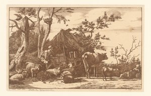 Sitzender Hirte mit Vieh vor einer verfallenen Scheune von Vincent Jansz. van der Vinne
