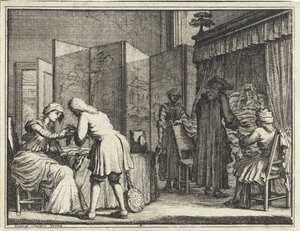 Figuren um ein Krankenbett und ein Arzt, der eine Frau verbindet