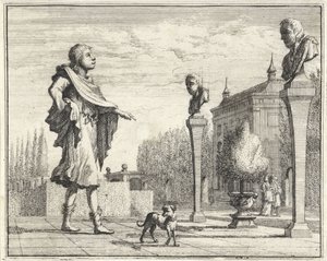 Mann bei zwei Hermen im formellen Garten von Vincent Laurensz. van der Vinne (II)