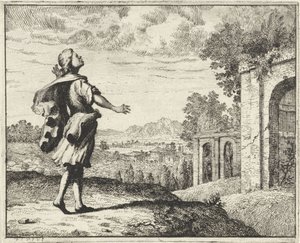 Mann in einer Landschaft, der zum Himmel schaut von Vincent Laurensz. van der Vinne (II)