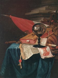 Vanitas-Stillleben mit dem Künstler an seiner Staffelei, reflektiert in einer Kristallkugel von Vincent Laurensz van der Vinne