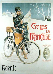 Soldat mit seinem Fahrrad, der eine Karte liest, Plakat zur Werbung für die Fahrräder 