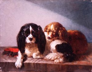 Ein Paar Cavalier King Charles Spaniels auf einem Sims von Vincent de Vos