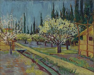 Obstgarten, gesäumt von Zypressen